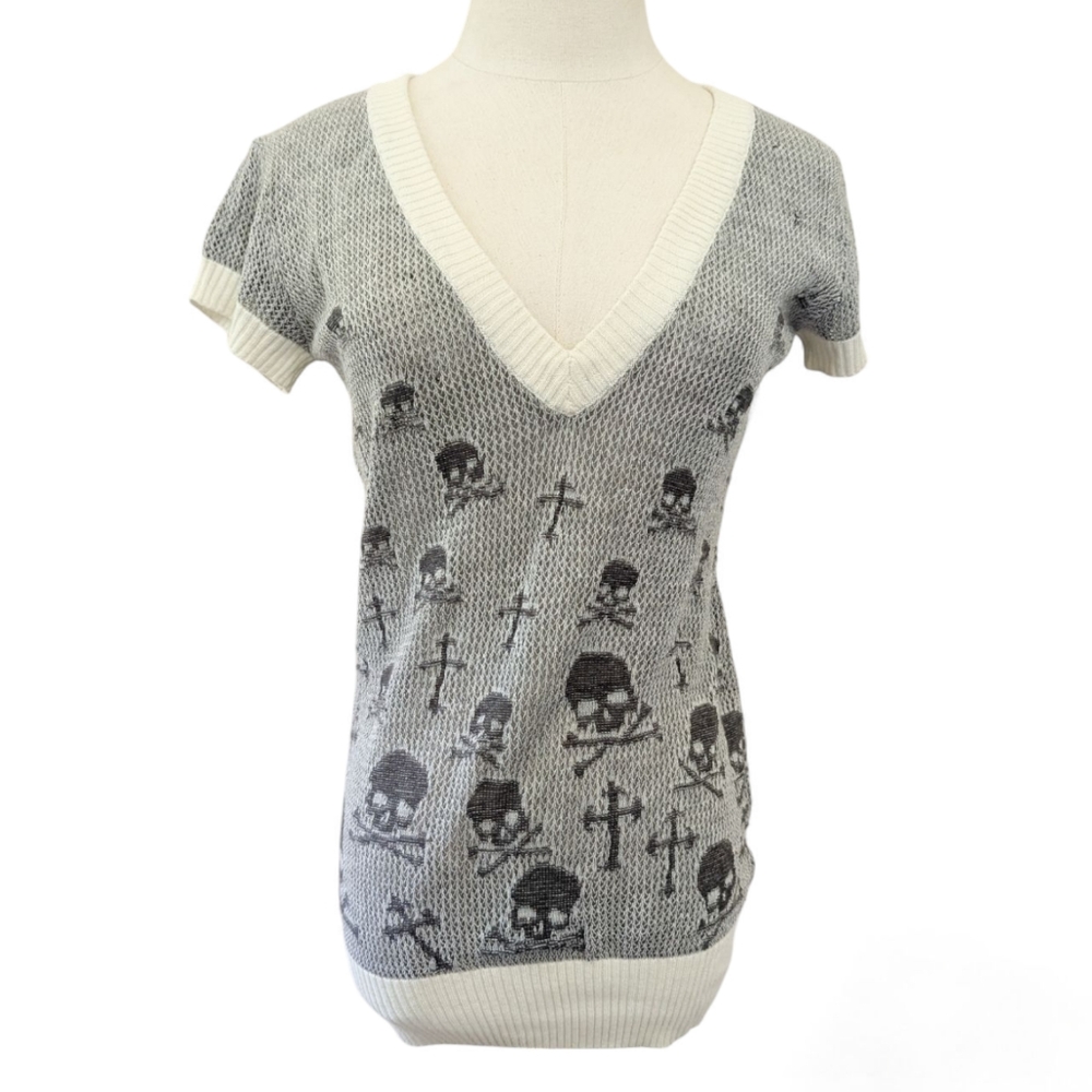 Y2K Skull and Crossbone Open Knit‎ V-neck Sweater Emo Grunge ALT Scene Chrome